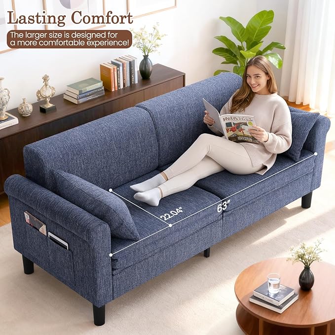 SEJOV 74" Convertible Sofa Bed, 5-in-1 Loveseat Sleeper Sofas with Pull Out Couch Bed, Storage Pockets & 2 Pillows, Modern Folding Linen Futon Couch for Living Room, Bedroom, Small Space, Blue