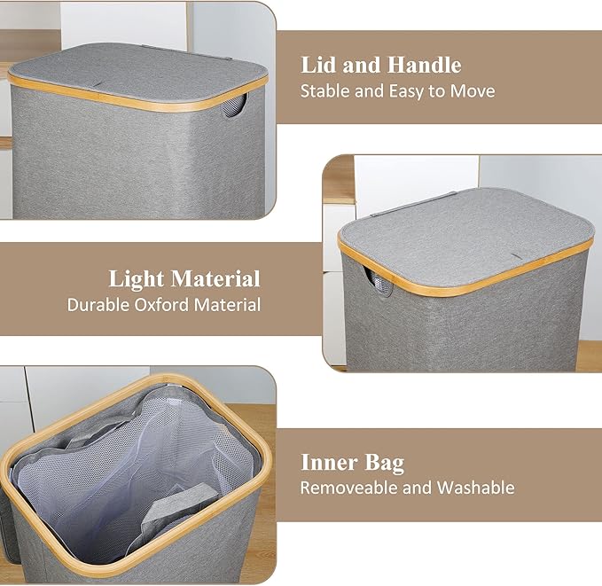 Laundry Hamper with Lid, 110L Large Laundry Hamper with Handle and Lid, Collapsible Clothes Basket Organizer with Removable Inner Bag for Clothes Toys Towels - Grey