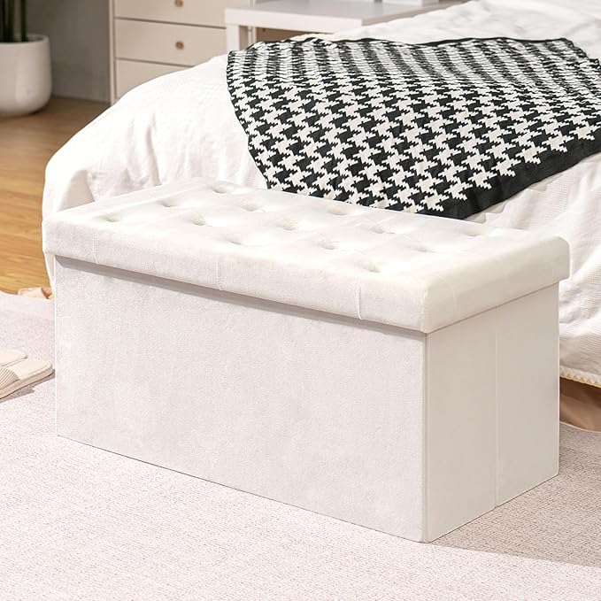 B FSOBEIIALEO Folding Storage Ottoman, Long Ottomans Shoes Bench, Velvet Storage Chest Footrest Seat 31.5"x15.7"x15.7" (White, Large)