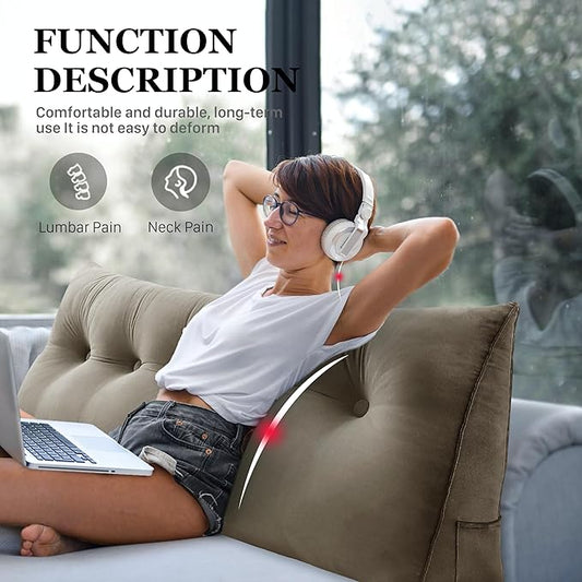11 lbs Thickened Queen Wedge Pillow Headboard Body Positioner Bed Wedge Pillow Backrest Support Triangular Headboard Cushion with Side Pocket Velvet Positioning Support Taupe
