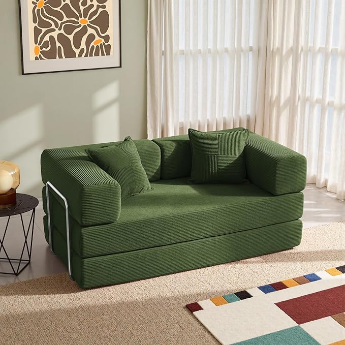 YINIX Foldable Sofa Bed, 62'' Folding Floor Couch, Compressed Convertable Sleeper Sofa, Memory Foam Couch with Pillow Back Support Armrest, 4-in-1 Futon Sofa Bed for Living Room, Green