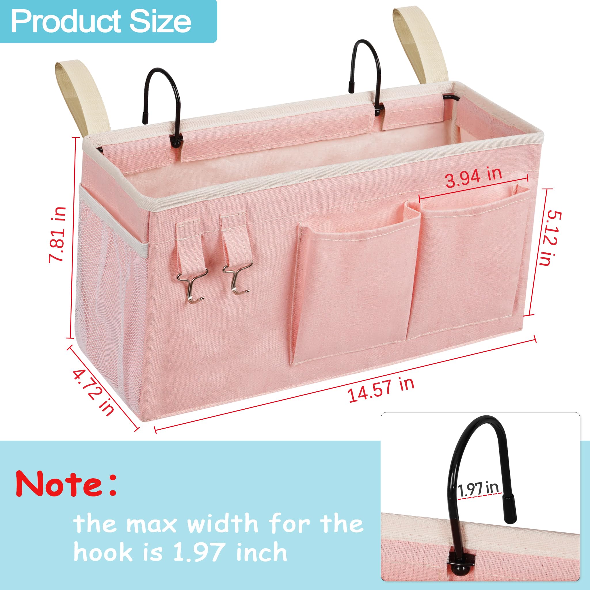 Loghot Bedside Caddy/Bedside Storage Bag Hanging Organizer for Bunk and Hospital Beds,Dorm Rooms Bed Rails,Can be Placed Glasses,Books,Mobile Phones,Keys (Light Pink) Dormly