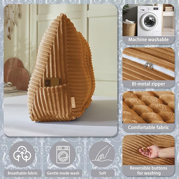 Headboard Wedge Pillow + A Long Neck Roll Pillow Body Pillow，Large Headboard Pillow with Removable Cover (Brown, King：76x8x20 inches)