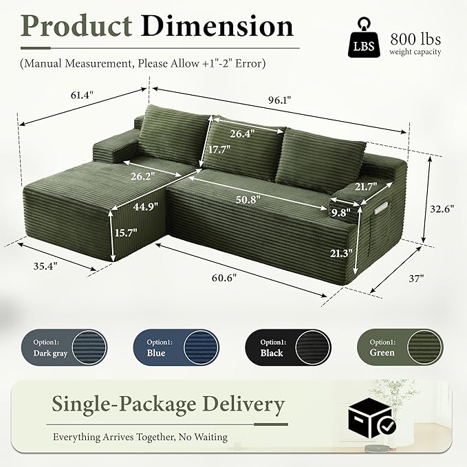96''Sectional Couches for Living Room,Modern Modular Sectional Sofa,Upholstered Boneless Couch with Pockets,Comfy Cloud Couch with L Shaped Chaise (Green, 96''W Left Facing Chaise)
