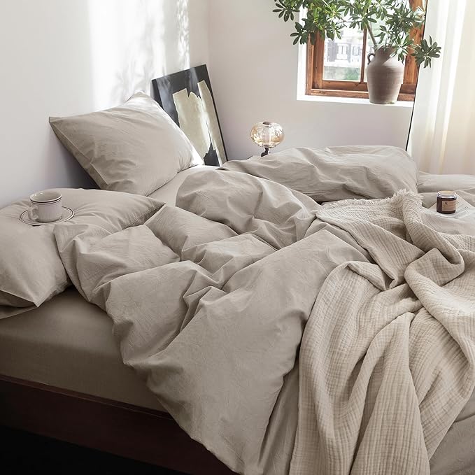 FOSSA Duvet Cover Set 100% Washed Cotton Linen Feel Super Soft Breathable Cozy 3 Pieces Bedding Sets Solid Cream Grey Oversized King