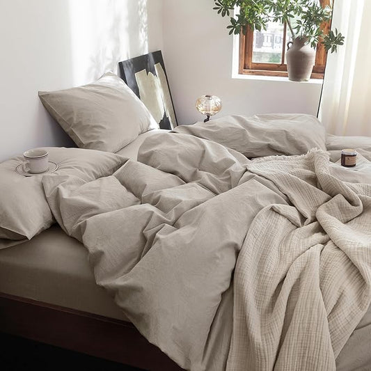 FOSSA Duvet Cover Set 100% Washed Cotton Linen Feel Super Soft Breathable Cozy 3 Pieces Bedding Sets Solid Cream Grey Oversized Queen