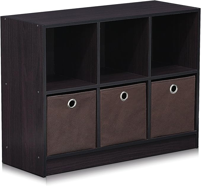 Furinno BASIC Book Shelf, 6-Cube Bookshelf, 3 x 2 Bookcase with Storage Bins, 11.9 x 31.6 x 23.6, for Living Room, Bedroom, Home Office, Dark Walnut
