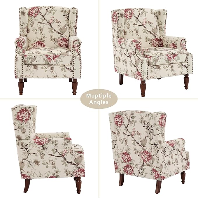 Lumibee Wingback Accent Chair,High Back Floral Armchairs in Fabric,Comfy Upholstered Reading Single Sofa Chair with Solid Wood Legs for Living Room,Bedroom,Office-Floral Beige