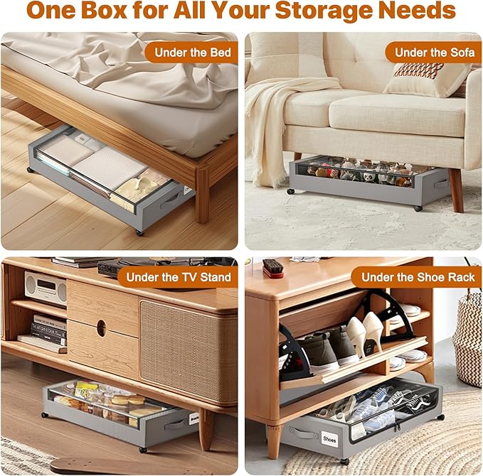 Under Bed Storage with Wheels,XXL 60L Under Bed Storage Containers with Clear Lids, Under-Bed Organizers for Clothes, Shoes – Durable Storage Bins with Smooth Rolling Wheels (Gray, 4 Pack)