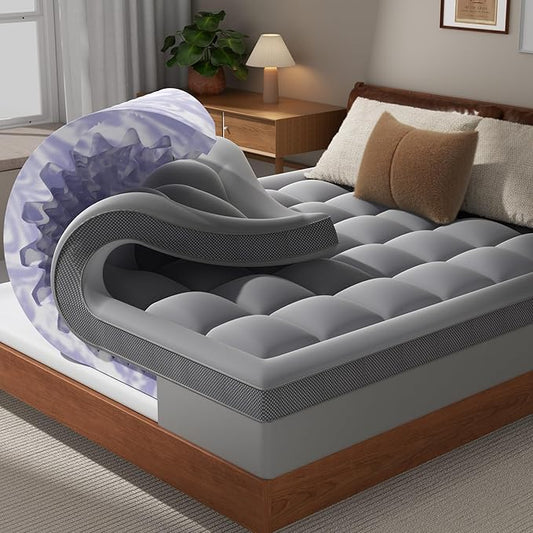 Dual Layer 4 Inch Memory Foam Mattress Topper Queen - 2 Inch Gel Memory Foam and 2 Inch Pillow Top Mattress Pad, 7-Zone Egg Crate Queen Size Mattress Topper (Grey)