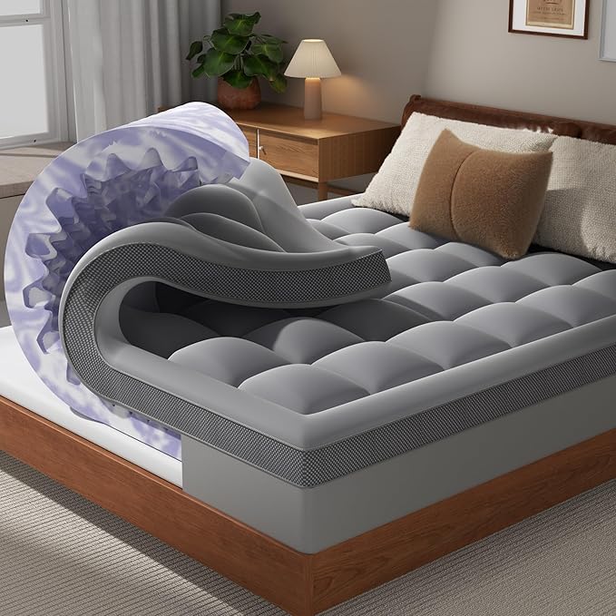 Dual Layer 4 Inch Memory Foam Mattress Topper King - 2 Inch Gel Memory Foam and 2 Inch Pillow Top Mattress Pad, 7-Zone Egg Crate King Size Mattress Topper (Grey)
