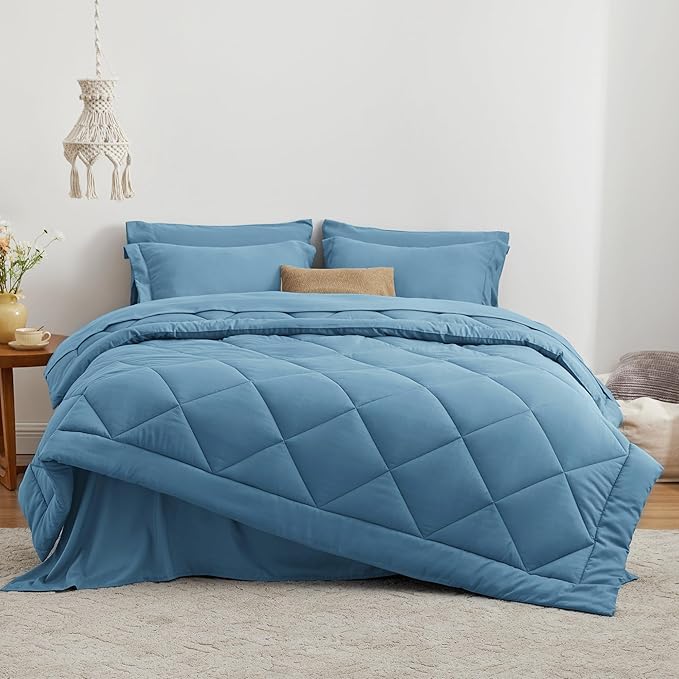 Love's cabin Full Comforter Set Misty Blue, 7 Pieces Full Bed in a Bag, All Season Bedding Sets with 1 Comforter, 1 Flat Sheet, 1 Fitted Sheet, 2 Pillowcase and 2 Pillow Sham