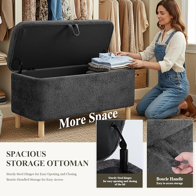 Ottoman with Storage, Storage Ottoman Bench, Entryway Bench, End of Bed Bench with Wood Legs for Bedroom, Living Room, 2PCS,Dark Grey
