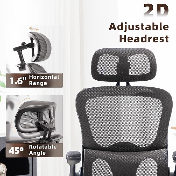 Ergonomic Office Chair, Adjustable High Back Desk Chair with Headrest Footrest 2D Lumbar Support - Executive Breathable Mesh Comfy Swivel Rolling Reclining Computer Task Chairs for Home Office Gaming