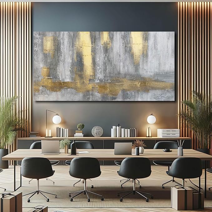 XIANSHOU Gold Wall Decor Hand Drawn Paintings Abstract Canvas Wall Art Large Pictures Grey Poster Arts 29"x58"