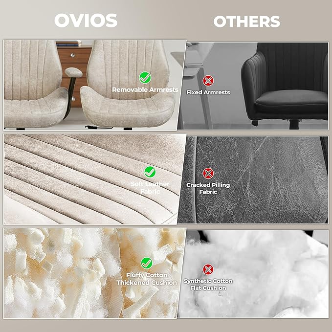 ovios Ergonomic Office Chair, High Back Faux Leather Executive Chairs with Armrests, Comfy High-Century Modern Swivel Rolling Computer Armchair (Beige, Suede Leather)