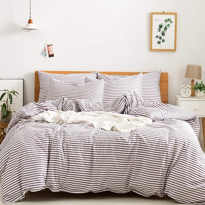 JELLYMONI 100% Natural Cotton 3pcs Striped Duvet Cover Sets,White Duvet Cover with Purple Stripes Pattern Printed Comforter Cover,with Zipper Closure & Corner Ties(King Size)