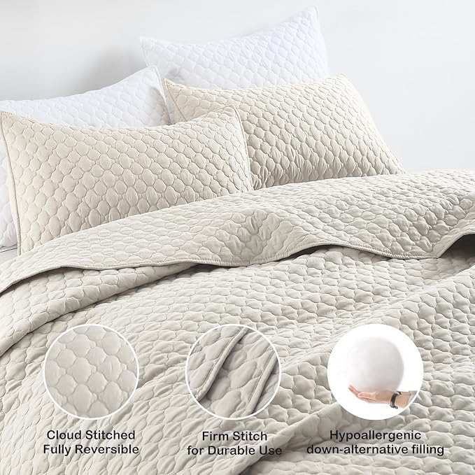 HORIMOTE HOME Quilt Set Twin Size Beige Bedspread, Modern Style Quilted Clouds Pattern Soft Coverlet Set Lightweight Microfiber Quilted Bedspread for All Season, Includes 1 Quilt and 1 Pillow Sham