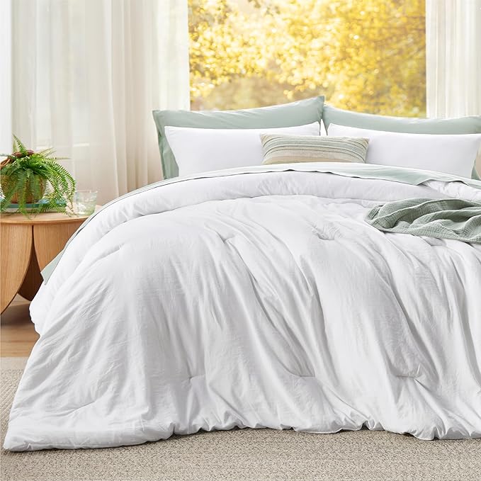 Bedsure Super King Plus Size Comforter Set, White Soft Prewashed Bedding for All Seasons, 3 Pieces GentleSoft™ Bed Set, 1 Lightweight Comforter (128"x120") and 2 Pillowcases (20"x36")