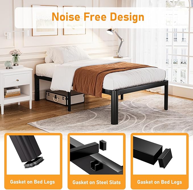 Askeld Twin Bed Frames, 14 Inch High Metal Platform Bed with Round Corner Leg, No Box Spring Needed, Heavy Duty Noise-Free Bed Base, Easy Assembly, Black