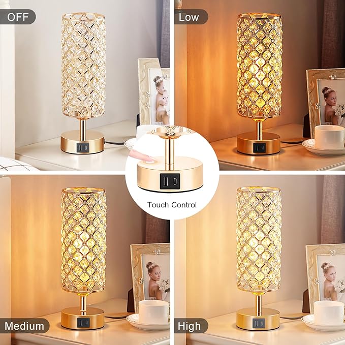 Crystal Table Lamp, Gold Lamp for Bedroom with USB-C USB-A Charging Ports, 3 Way Dimmable Light with Crystal Lampshade, Bedside Lamp Small Touch Light for Girl Room in Gold