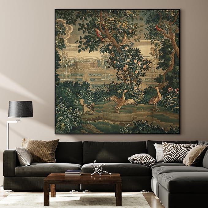 60"x60" XL Framed Wall Art - Ornate Botanical Garden Scene with Birds (Frame Assembly Required)