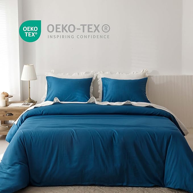 HeimenAogo Extra-Long Staple Cotton Duvet Cover Set California King Sateen Weave, Silky Soft Breathable Comforter Cover with Zipper Closure, High TC Egyptian Cotton Blanket Cover 3Pcs Deep Water Blue