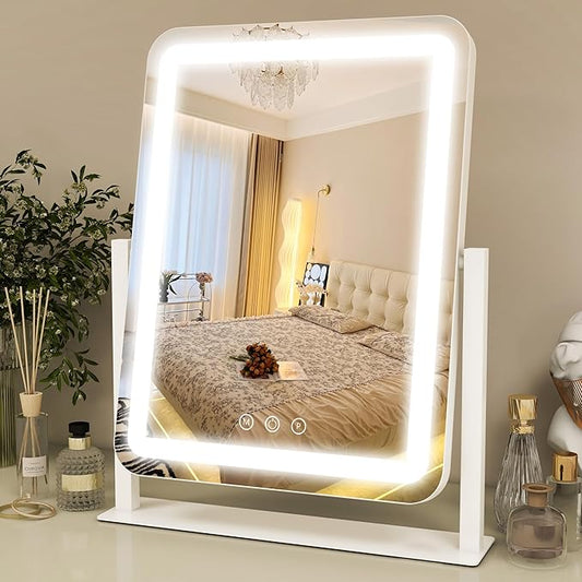 ROLOVE Vanity Mirror with Lights 13x16 Inch, Smart Touch Control, 3 Color Lighting Modes, Table Top Mirror with Stand for Bedroom