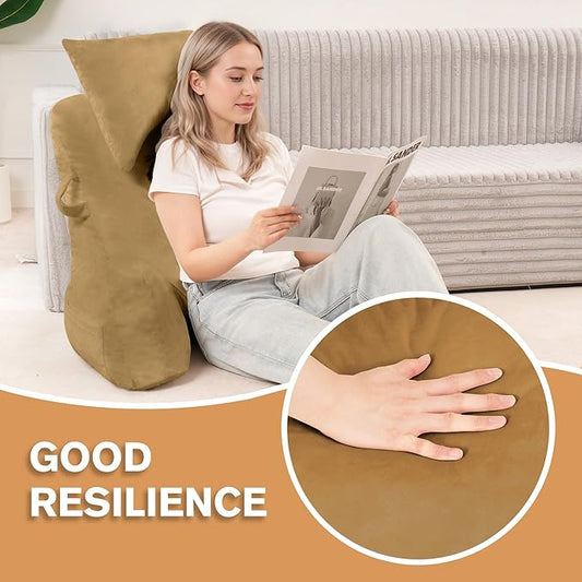 Portable Reading Pillows with Headrest for Bed Sitting Up(Camel Oeko-Tex), Velvet Back Pillow with Arms & Pockets for Adults, Support Memory Foam Bed Pillow for Dorm/Reading/Watching/Gaming