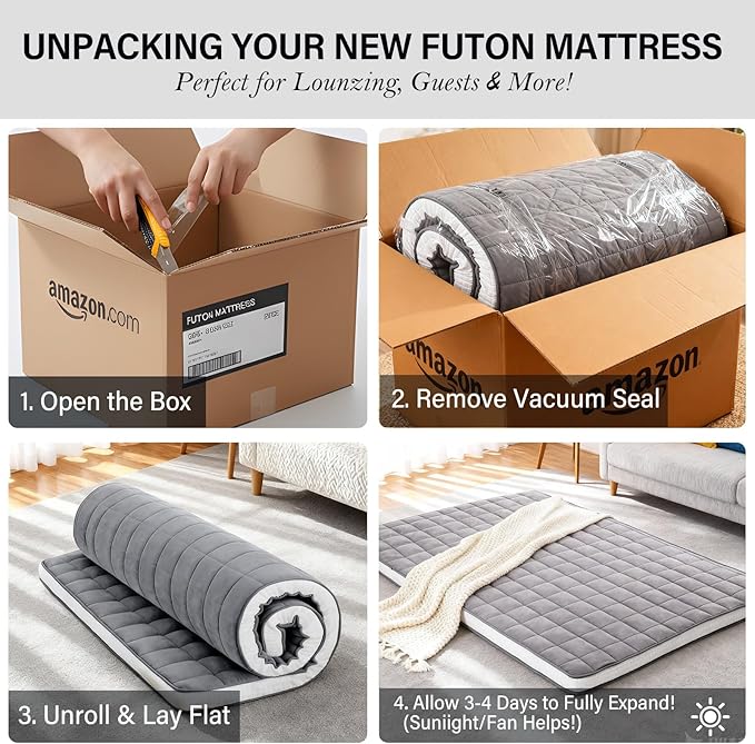 Tiita Japanese Floor Mattress Futon Mattress 4” Thick Folding Roll Up Sleeping Pad with Bag & Strap, Bed Topper Mat for Guest, Lounger and Tavel, Gray,Twin Size