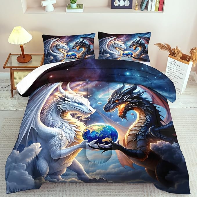 Black White Dragon Comforter Set King Boys Flame Ancient Mysterious Creatures Fantasy Dragon Bedding Set Boys GirlsWhite and Black Comforter King Size Animals Quilt Room Decor