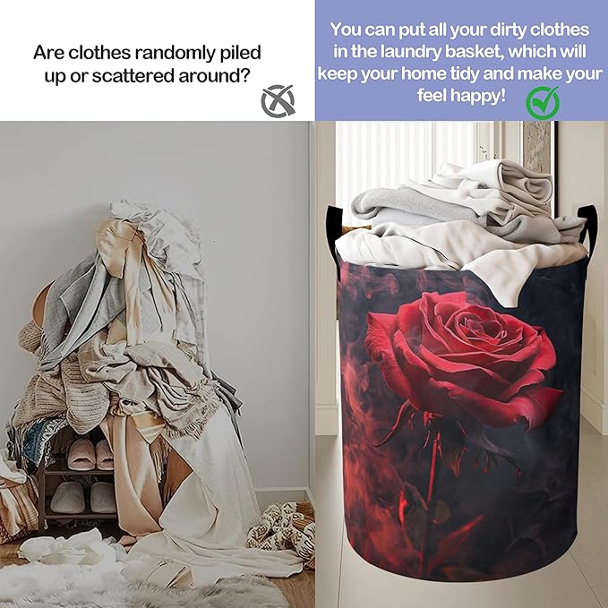 Laundry Basket-Red Roses Foldable Waterproof Oxford Cloth Funny Tote Bag Laundry Hamper Clothes Storage Bucket Organizer For Bathroom/Laundry Storage/Bedroom Storage Basket