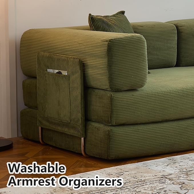 98.4" Convertible Sofa Bed - Compression Sofa with Corduroy Fabric - with Armrests and Backrest - Modular Sectional for Living Room, Bedroom, Studio - Compression Sofa in Box (Green)