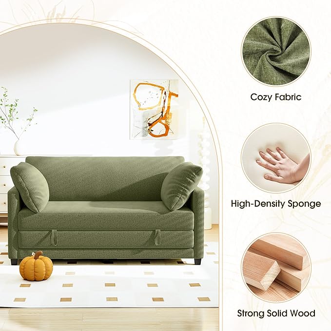 65" Convertible Loveseat Sofa Bed, 2 in1 Folding Sofa Bed, Loveseat Sleeper Sofa for Small Spaces, Fold Out Floor Couch with 2 Pillows for Apartment, Office & Guest Room (Green Chenille, 65 inch)