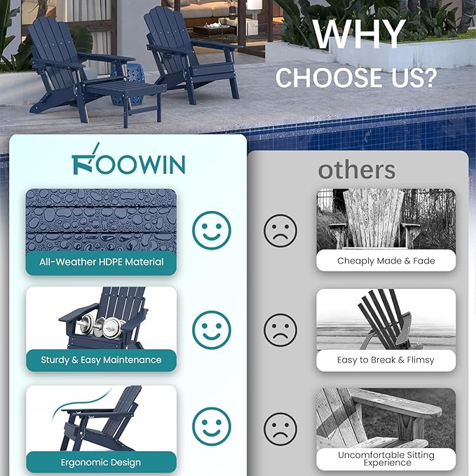 FOOWIN Adjustable Adirondack Chair with Retractable Ottoman Set of 8, Folding Adirondack Chair with Cup Holder, HDPE All-Weather Fire Pit Chair for Patio, Yard, Poolside, Navy Blue