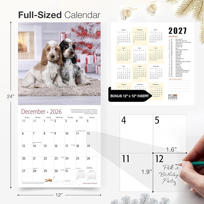 RED EMBER Cocker Spaniel Puppies 2026 Wall Calendar 12 Month | 12" x 24" Open | Thick & Sturdy Paper | Holiday Gift | Cute Puppy Dog Calendar 2026