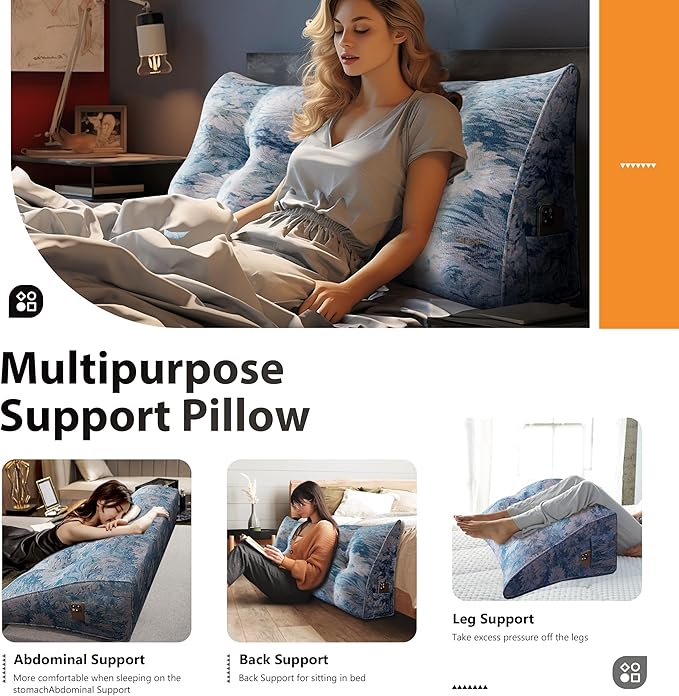 10 lbs Thickened Wedge Pillow Headboard Body Positioner Bed Wedge Pillow Backrest Support Triangular Headboard Pillow for Sleeping with Side Pocket Velvet Positioning Support Orchid Blue Full