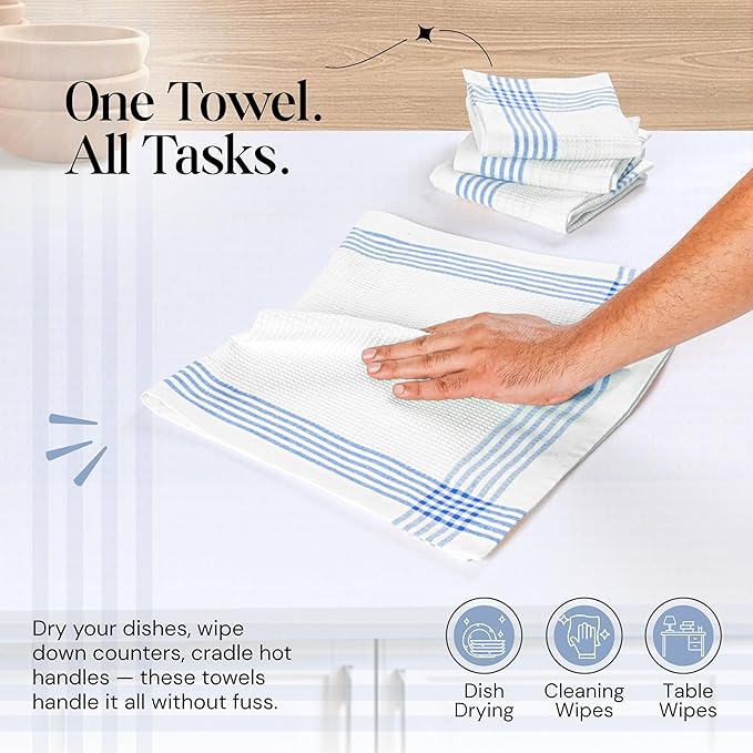 Sky Blue and White Cotton Kitchen Towels 3 Pack, 16x26 Inch, Waffle Weave, Quick Dry, Absorbent, Durable Dish Towels for Drying, Cleaning, Cooking, Daily Kitchen Use