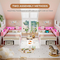 VIAGDO Corner Bed Frame with Storage Bookcase and 6 Drawers, Twin Metal Platform Corner Bed Frame with LED Lights and Charging Station, Twin Daybed for Kids Teenagers, Pink