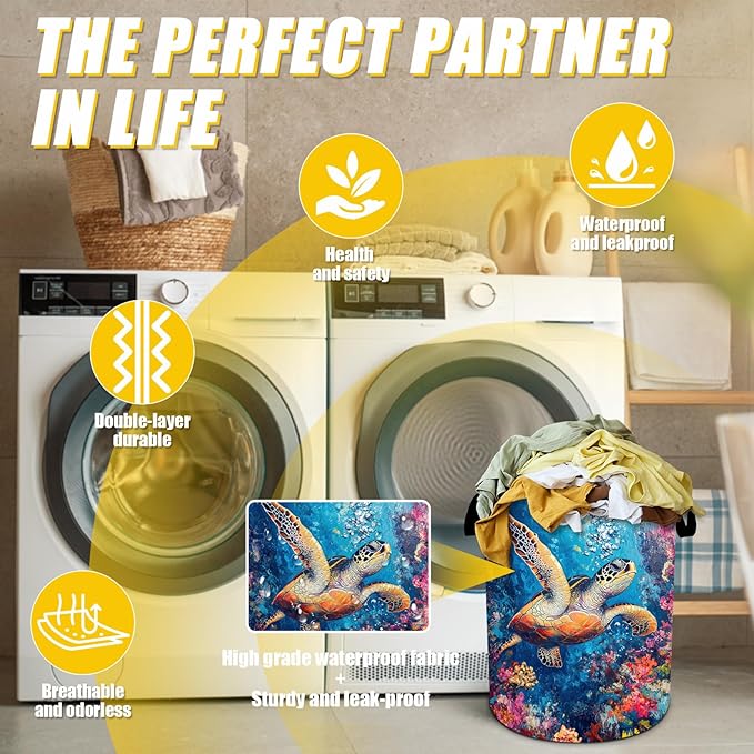 Colorful Sea Turtle Laundry Basket,Foldable Oxford Cloth Funny Tote Bag Laundry Hamper Clothes Storage Bucket Toy Organizer For Bathroom Laundry Storage Bedroom 18.9x16.5