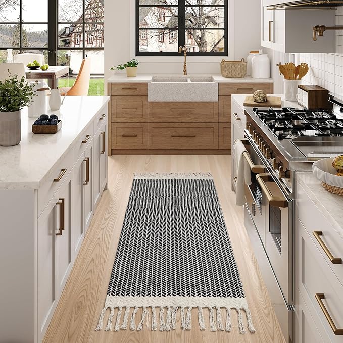 Lahome Boho Kitchen Runner, 2x4.3 Bathroom Runner Rugs Lightweight Entryway Rug Woven Cotton Throw Mat with Tassels, Farmhouse Non Shedding Washable Black Rug Low Pile Runners for Bedroom Doorway