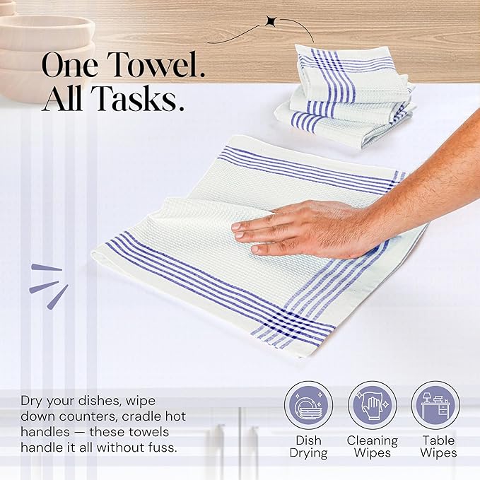 Indigo Blue and White Waffle Kitchen Towels 5 Pack, 16x26 Inch, 100% Cotton, Absorbent & Quick Dry Dish Towels, Soft & Durable Cloths for Cooking, Drying, Cleaning, Machine Washable