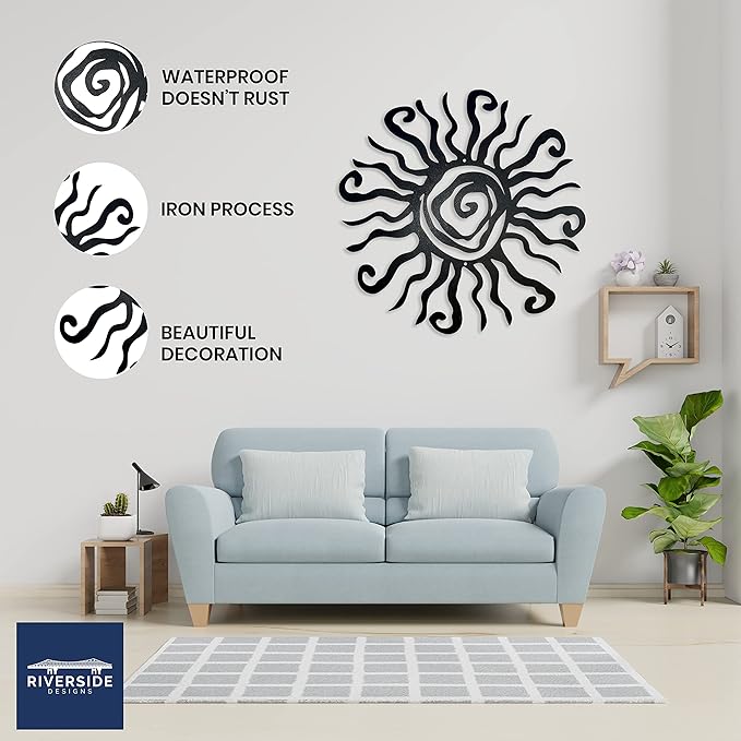 Riverside Designs Wacky Sun Metal Wall Art Indoor/Outdoor Decor - 18" Black Rust Proof Wall Sculpture - Made in USA - Ideal for Bedroom, Garden, Home, Patio and Farmhouse