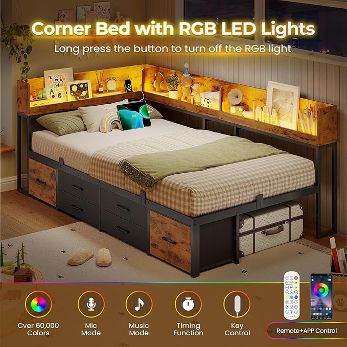 VIAGDO Corner Bed Frame with Storage Bookcase Headboard and 6 Drawers, Twin Metal Platform Corner Bed Frame with LED Lights and Charging Station, Twin Daybed for Kids Teenagers, Rustic Brown & Black