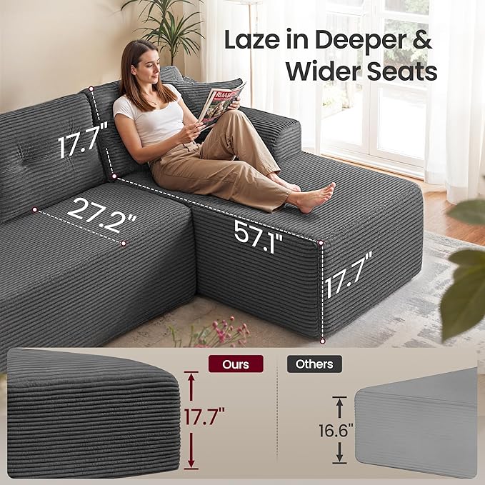 VASAGLE 108.3 Inches Boneless Couch with Chaise, Modular Sectional Sofa, Modern Cloud Couch with Deep Seat, L-Shape Corduroy Sofa for Living Room, Right-Facing Chaise, Bedroom, Slate Gray ULCS182GN01