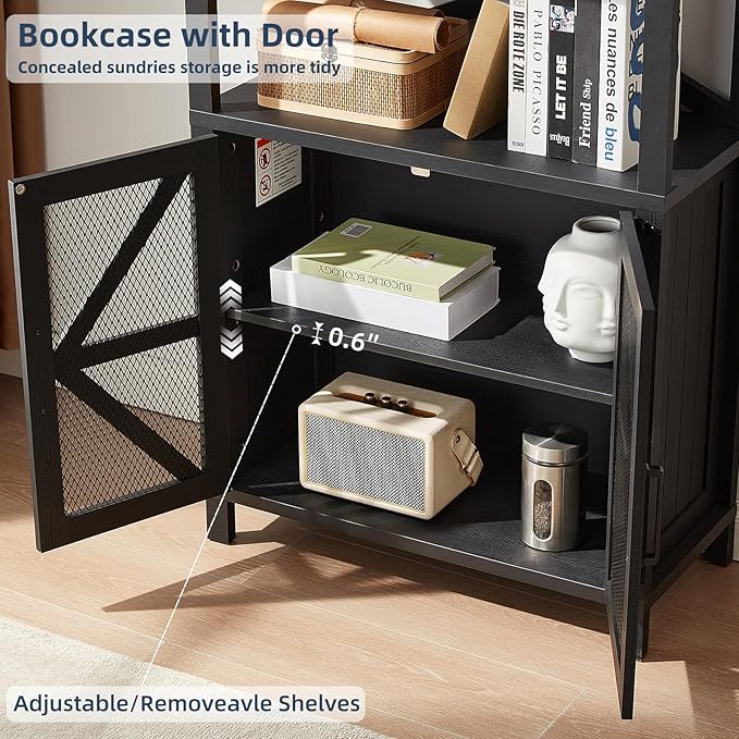 5 Tier Bookshelf 70" Tall Bookcase with Barn Doors,Large Farmhouse Display Book Shelf with Adjustable Shelves and Storage Cabinet，Library Wood Bookshelves for Living Room,Kitchen,Antique Black