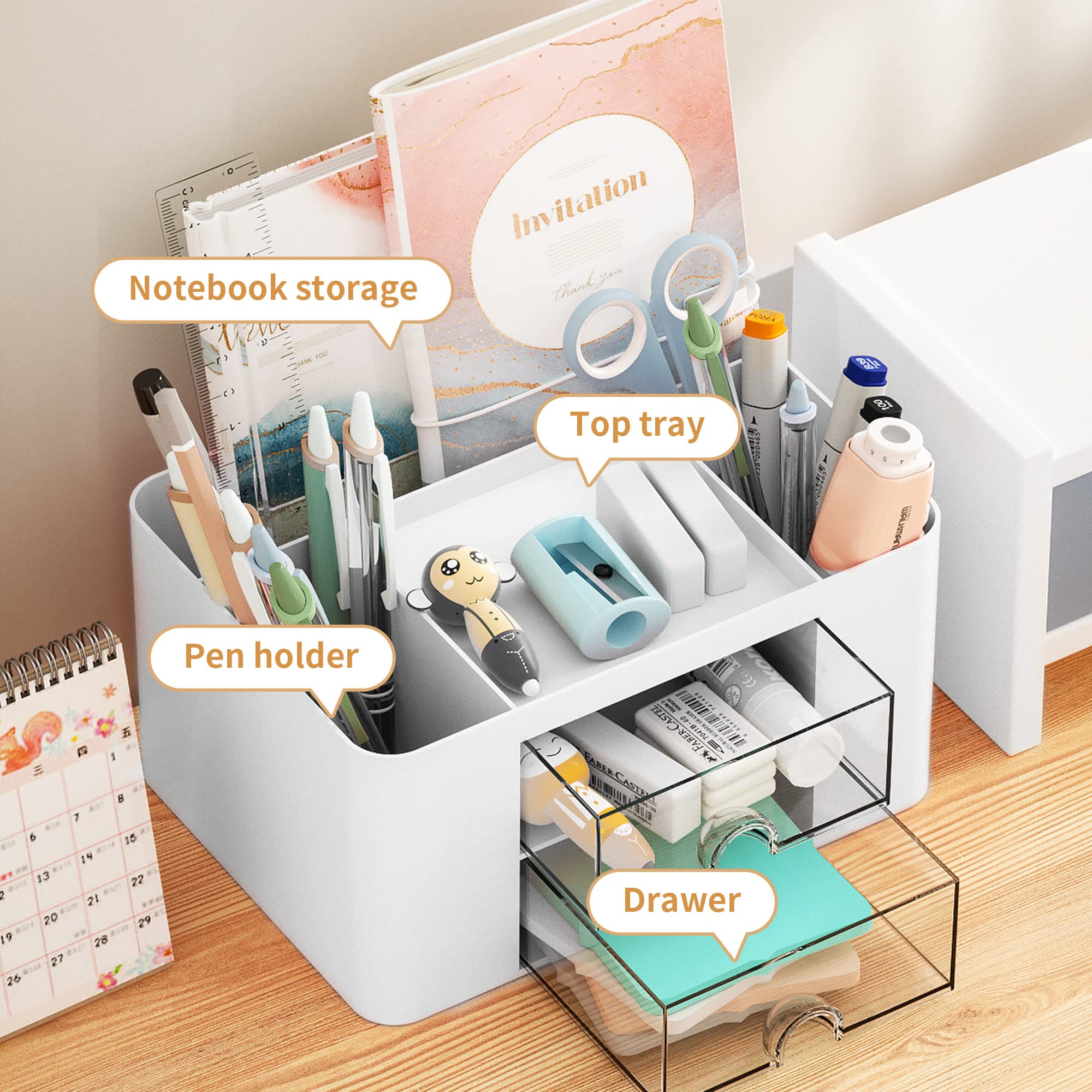 Marbrasse Pen Organizer with 2 Drawer, Multi-Functional Pencil Holder for Desk, Desk Organizers and Accessories with 5 Compartments + Drawer for Office Art Supplies (Blue) Dormly