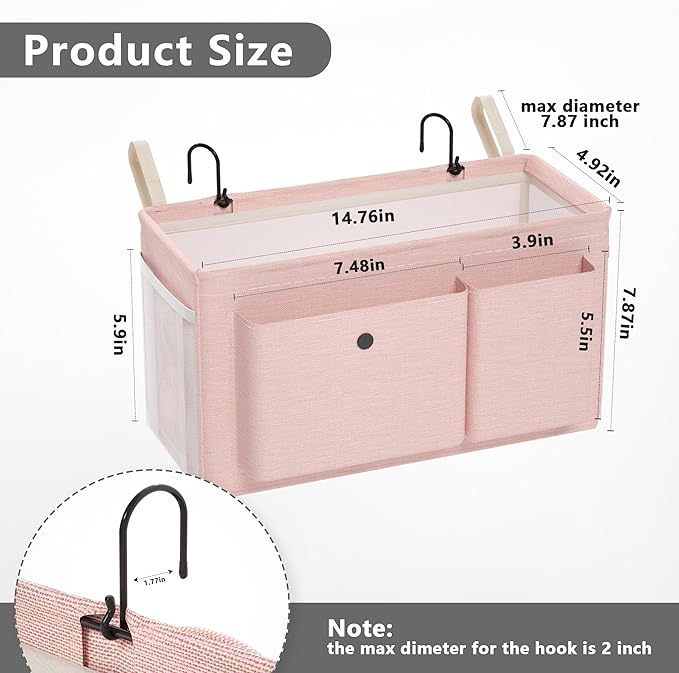Bedside Caddy Bedside Organizer with Fixed Straps & Water Bottle Holder, Bunk Bed Caddy ideal for Home, Dorm, Hospital, Crib, Versatile Bedside Storage Solution (Pink)