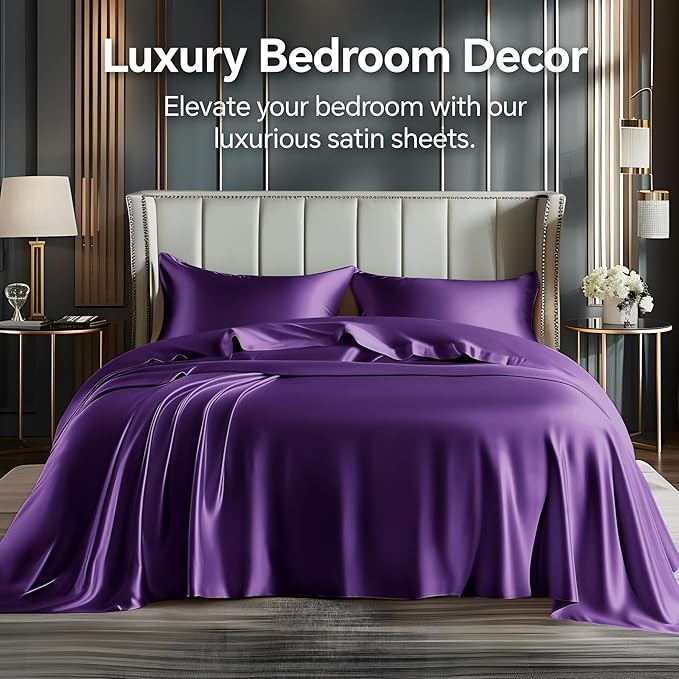 BEDELITE California King Sheets Set, Luxury Soft Plum Purple Satin Sheets for Hair and Skin, Similar to Silk Bed Sheets Set 4 Pieces with 1 Deep Pocket Fitted Sheet, 1 Flat Sheet, and 2 Pillowcases