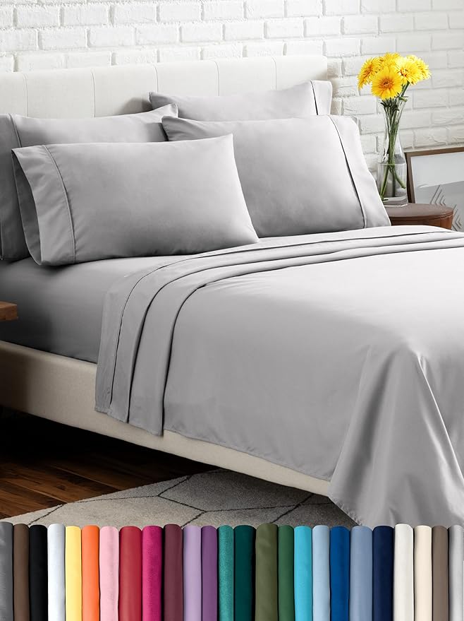 Bare Home Hotel Luxury Cal King Sheet Set, Extra Soft, 6 Piece Set, Deep Pockets, Easy Fit, Cooling & Breathable, Wrinkle, Fade, Stain Resistant, Includes 4 Pillowcases (California King, Light Grey)